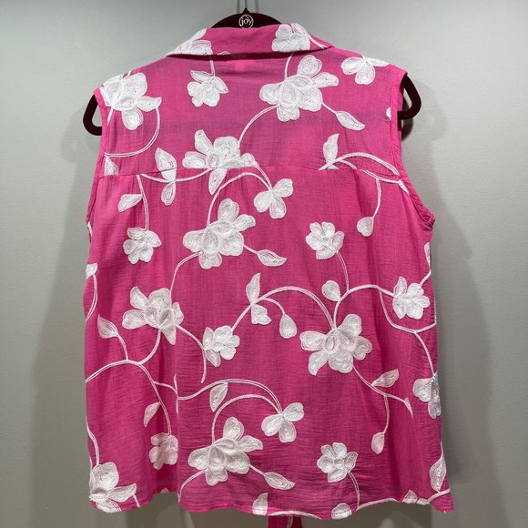 CABANA CAY Women's Embroidered Floral Sleeveless Top Tank Tie Waist Pink Size L - Picture 10 of 11